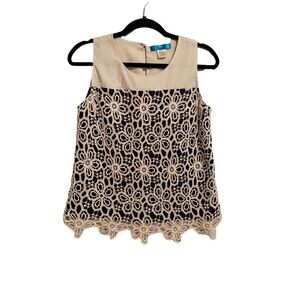 Buttons Crochet Lace Tank Top Size S Black Ivory Sleeveless Scalloped Hem Boho